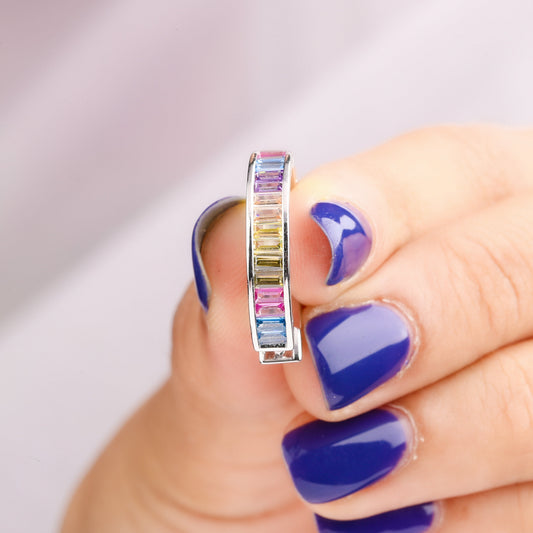 Rainbow Two Row Baguette Diamond Pave Hoop Earrings - view 3