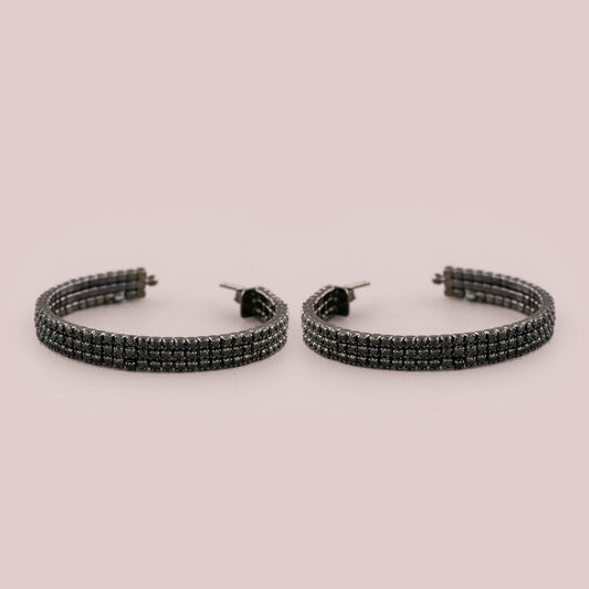 Black Diamond Triple Row Pave Hoop Earrings - view 4