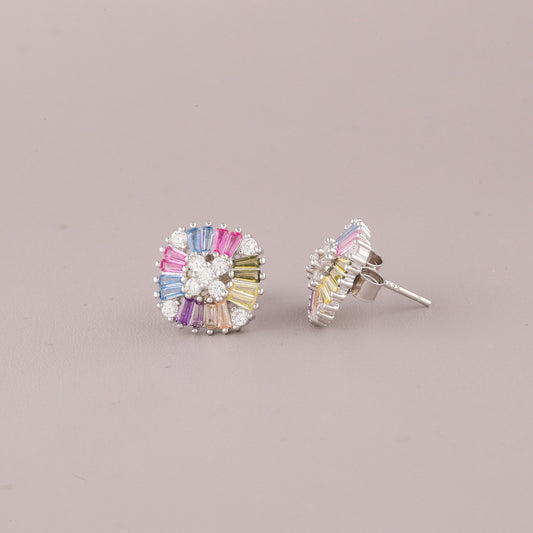 Sunburst Rainbow Sapphire Diamond Halo Stud Earrings - view 4