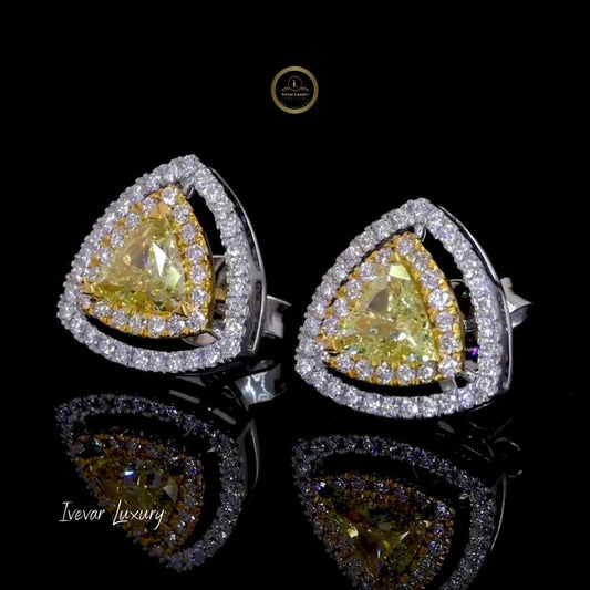Natural Yellow Diamond Trillion Stud Earrings in 14K Gold - view 2