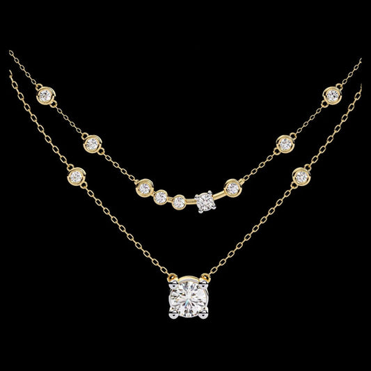 0.64 TCW Luminous Double Layer Lab Grown Necklace with Bezel Set Accents and a Brilliant Round Solitaire Pendant