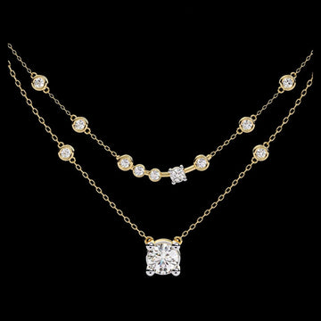 1.40 TCW Luminous Double Layer Lab Grown Necklace with Bezel Set Accents and a Brilliant Round Solitaire Pendant