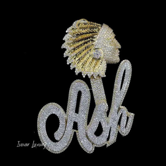 The Chief Heritage Custom Ash Script Lab Diamond 3D Native American Pendant - view 3