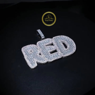 Custom RED Block Letter Moissanite Diamond Iced Out Pendant In White Gold Silver By Ivevar