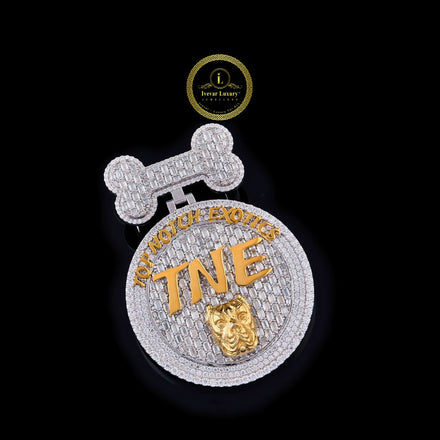 Custom TNE Moissanite Medallion Pendant With Dog Bone Bail In Two Tone Jewelry
