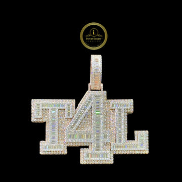 Custom T4L Block Letter Moissanite Diamond Iced Out Baguette Pendant White Gold Silver By Ivevar
