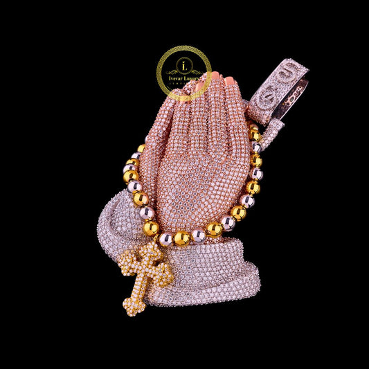 Praying Hands Cross Lab Grown Diamond Pendant in three tone by Ivevar