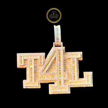 Custom "T4L" Iced Out Pendant Baguette and Round Lab Grown Diamonds in 14K Gold Over Sterling Silver By Ivevar