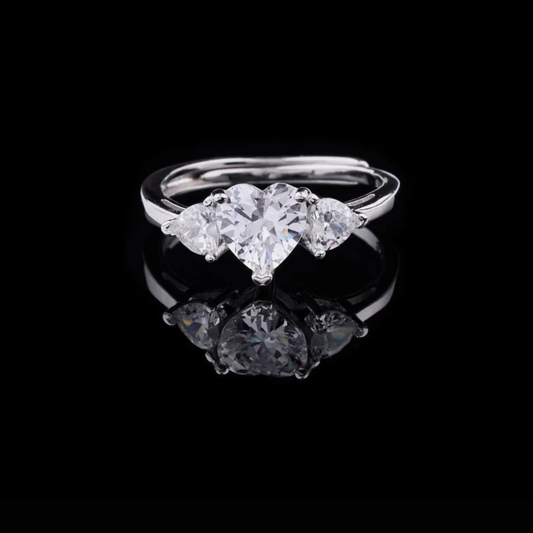 0.30 CT Engraved Elegant Silver Three Stone Heart Cut Moissanite Diamond Ring For Loved One