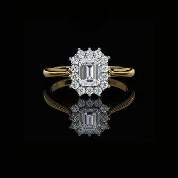 0.35 CT Luxury Emerald Cut Moissanite Diamond Ring with Halo Design on a Polished Gold Band