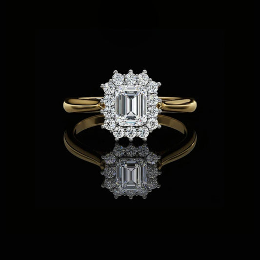 0.35 CT Luxury Emerald Cut Moissanite Diamond Ring with Halo Design on a Polished Gold Band