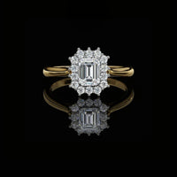 1.00 CT Luxury Emerald Cut Moissanite Diamond Ring with Halo Design on a Polished Gold Band