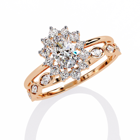 Oval Cut Lab Diamond Floral Halo Wedding Ring With Double Band - view 3