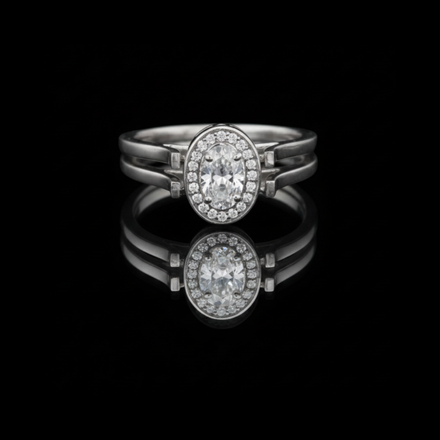 Oval Cut Split Shank Halo Ring In Lab Diamond