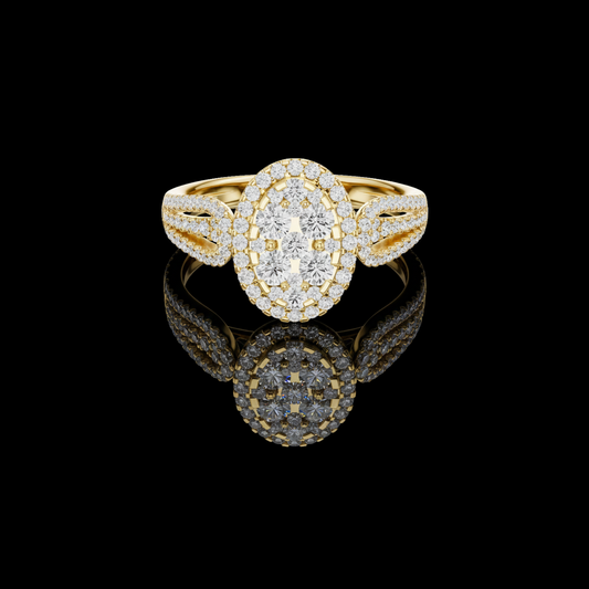 0.82 TCW Cluster Moissanite Diamond Ring in Radiant with Double Halo & Split Shank Detailing