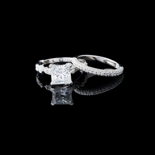 0.85 CT Exquisite Princess Cut Moissanite Engagement Ring With Matching Pave Band Set for Bride