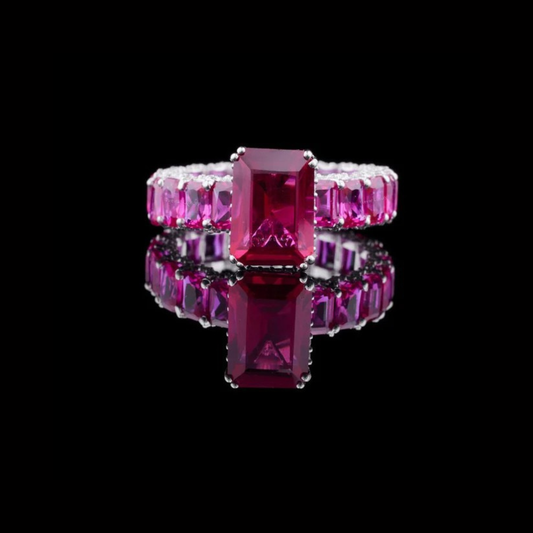 0.98 CT Vibrant Emerald Cut Moissanite Vivid Pink Ring Crafted with Full Eternity Stone Setting