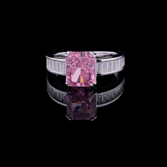 1.00 CT Fancy Intense Pink Radiant Cut Moissanite Diamond Ring with Baguette Accents