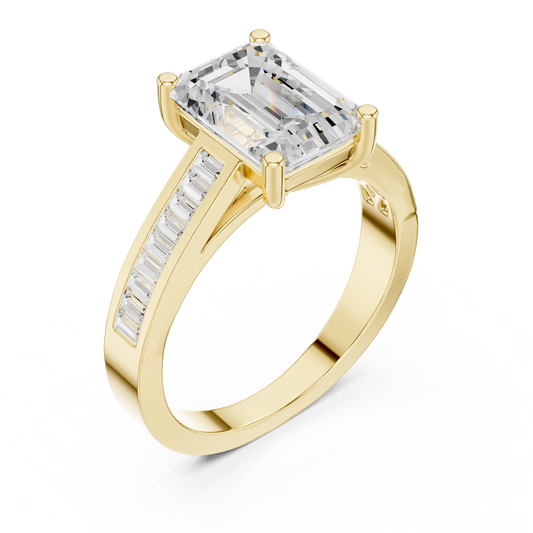 Emerald Cut Lab Diamond Ring With Baguette Channel Side Band - view 4