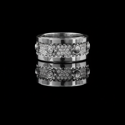 1.00 TCW Luxury Wide White Gold Moissanite Diamond Band Featuring Industrial Inspired Gear Detailing