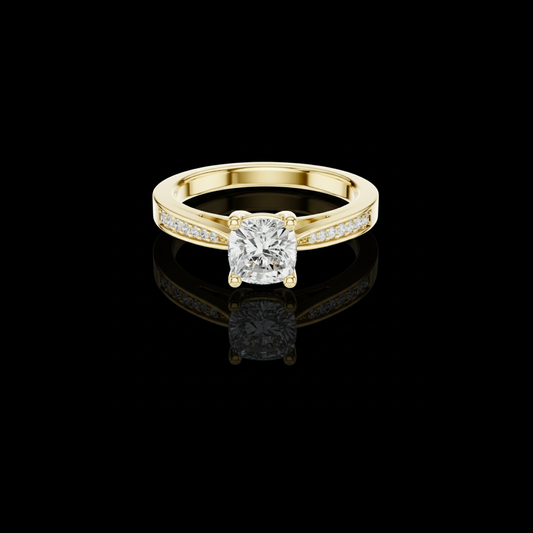 1.02 CT Dazzling Cushion Cut Lab Grown Diamond Ring in Gold with Pave Set Side Stones