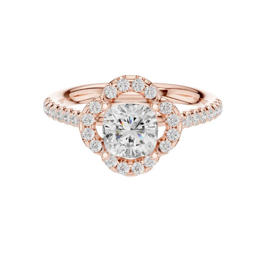 1.05 CT Iconic Round Moissanite Diamond Ring with Petal Inspired Floral Halo and Pave Band