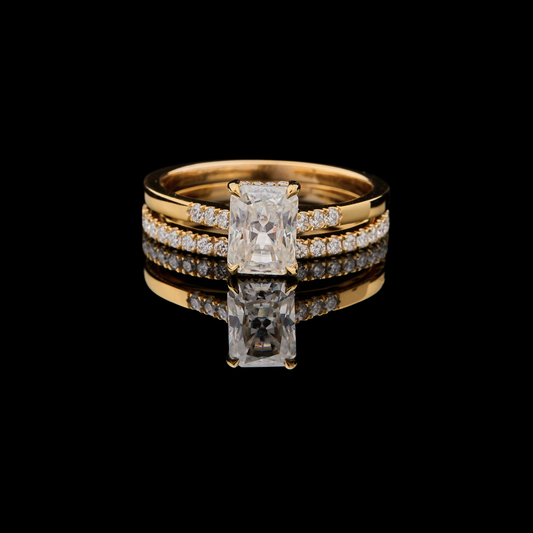 1.20 CT Luxurious Gold Bridal Set Featuring a Striking Radiant Cut Moissanite Center Stone with Bridal Set