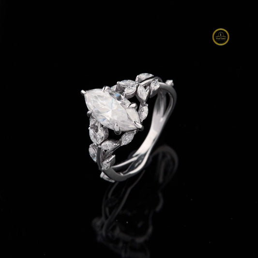 Marquise Cut Lab Solitaire Vine Ring with Leaf Diamond Accents - view 2