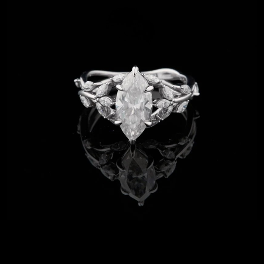 1.30 CT Stunning Floral Marquise Cut Moissanite Diamond Ring with Artisan Leaf-Shaped Accents