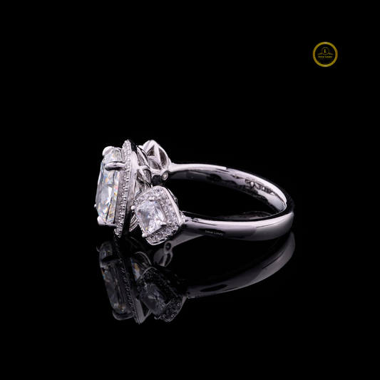 Cushion Cut Halo With Lab Diamond Three Stone Ring - view 3