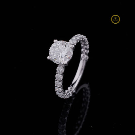 1.5 CT Sparkling Round Cut Solitaire Moissanite Diamond Ring with Pave Band in Sterling Silver