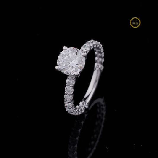 1.5 CT Sparkling Round Cut Solitaire Moissanite Diamond Ring with Pave Band in Sterling Silver