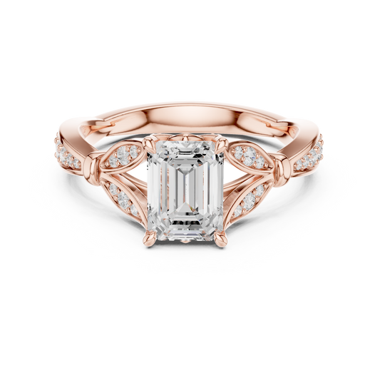 1.5 CT Vintage Inspired Emerald Cut Moissanite Diamond Ring in with Intricate Leaf-Motif Band