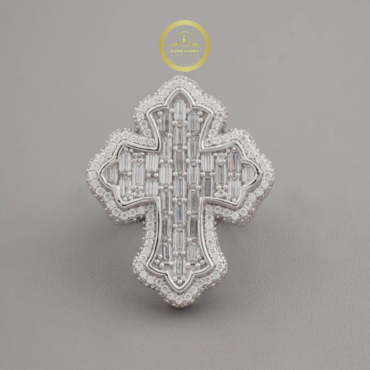 Baguette Moissanite Cross Pendant Pave Halo Frame - view 2