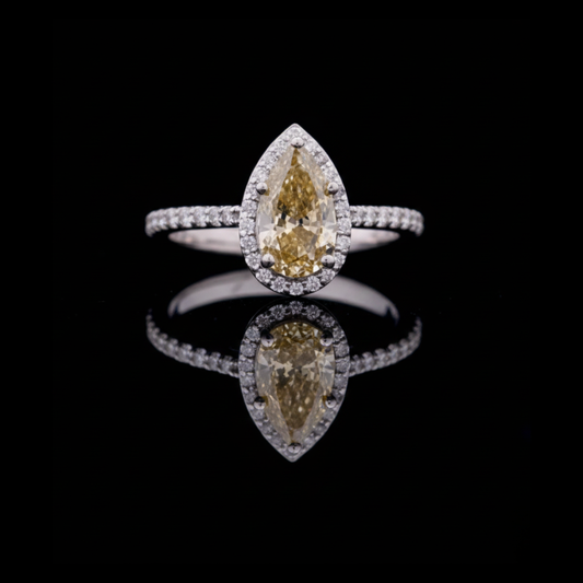 2.00 CT Dazzling Pear Shaped Fancy Vivid Yellow Moissanite Diamond Ring Framed by a Brilliant Diamond