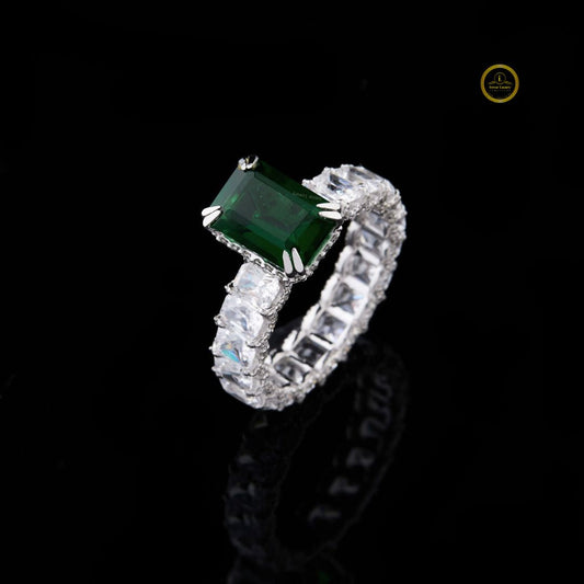 Green Radiant Moissanite Wedding Band With Side Stone Eternity Ring - view 2
