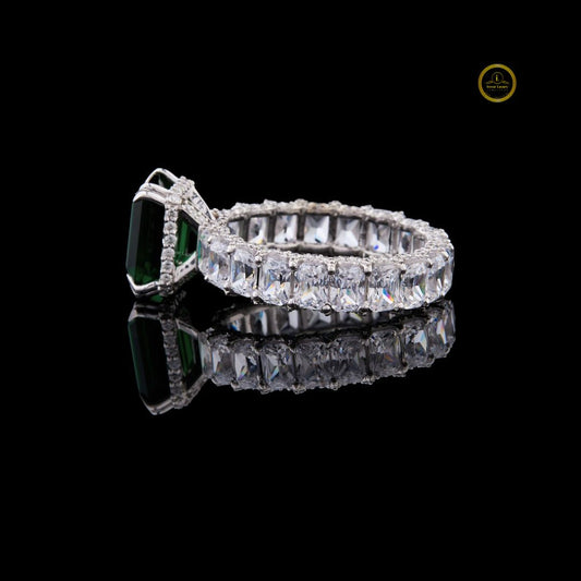 Green Radiant Lab Diamond Wedding Band With Side Stone Eternity Ring - view 3