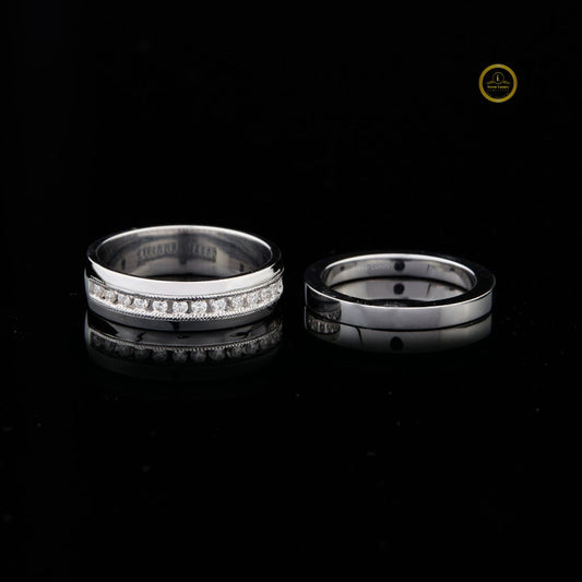 Round Channel Set Stacked Wedding Band with Milgrain - view 4