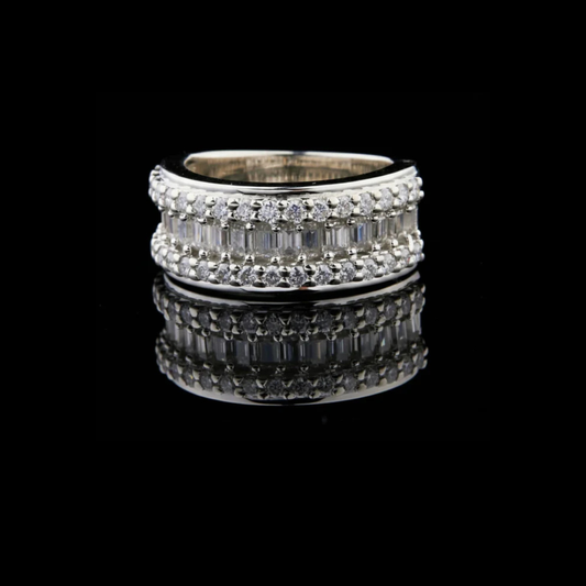 2.20 CT Luxurious Wide Band Ring with Triple Row Round and Baguette Moissanite Diamond Design in High-Polish White Gold
