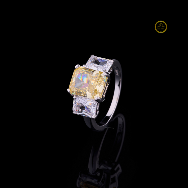 Fancy Vivid Yellow Radiant Moissanite Three Stone Engagement Ring - view 2