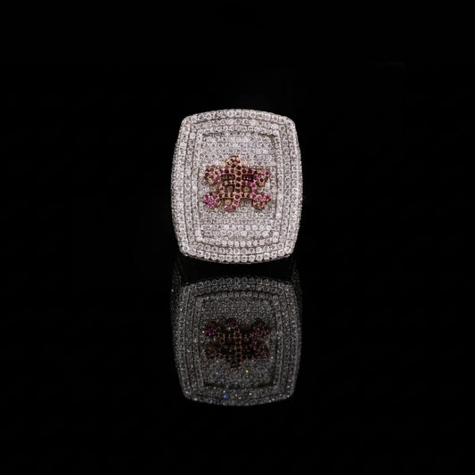 2.70 TCW Exquisite Round Lab Diamond Statement Ring Featuring Pave Diamonds & Vibrant Pink Floral as a Centerpiece