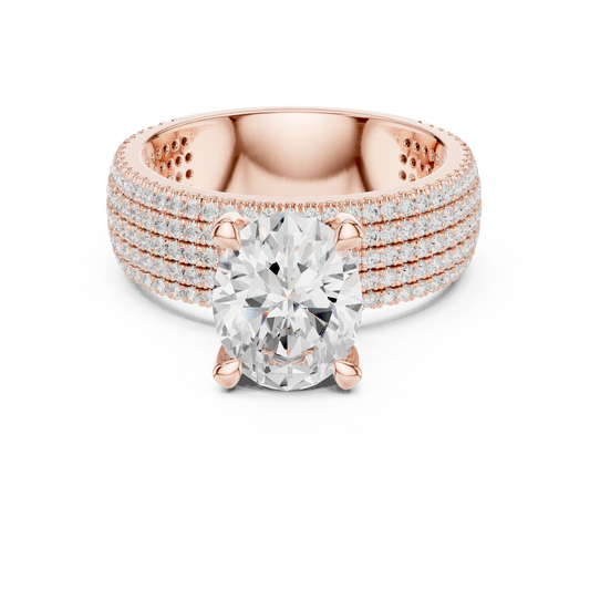 3.00 CT Bold Multi Row Pave Band and Luxe Four Prong Oval Cut Lab Diamond Center For Anniversary