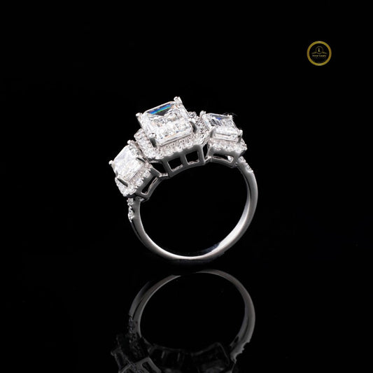 Halo Set Emerald Three Stone Ring - view 3
