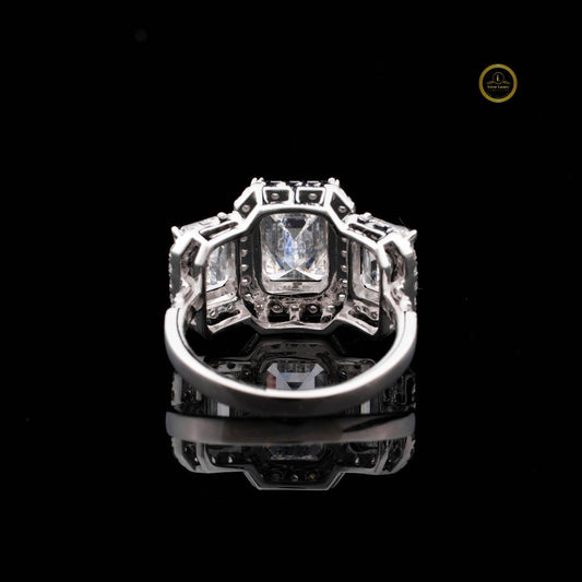 Halo Set Emerald Three Stone Ring - view 4