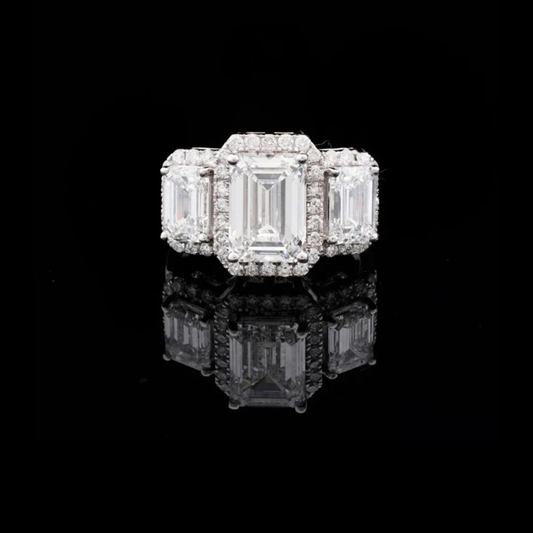 3.00 CT Classic Handcrafted Gold Emerald Cut Lab Grown Diamond Three Stone Ring