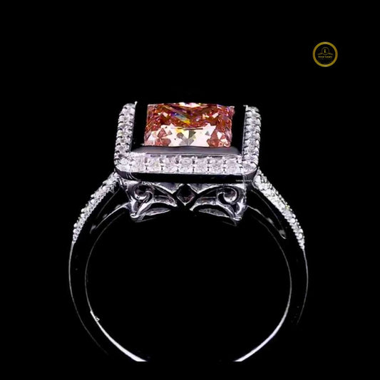 Fancy Vivid Brown Princess Moissanite Ring Halo Pave Band - view 2