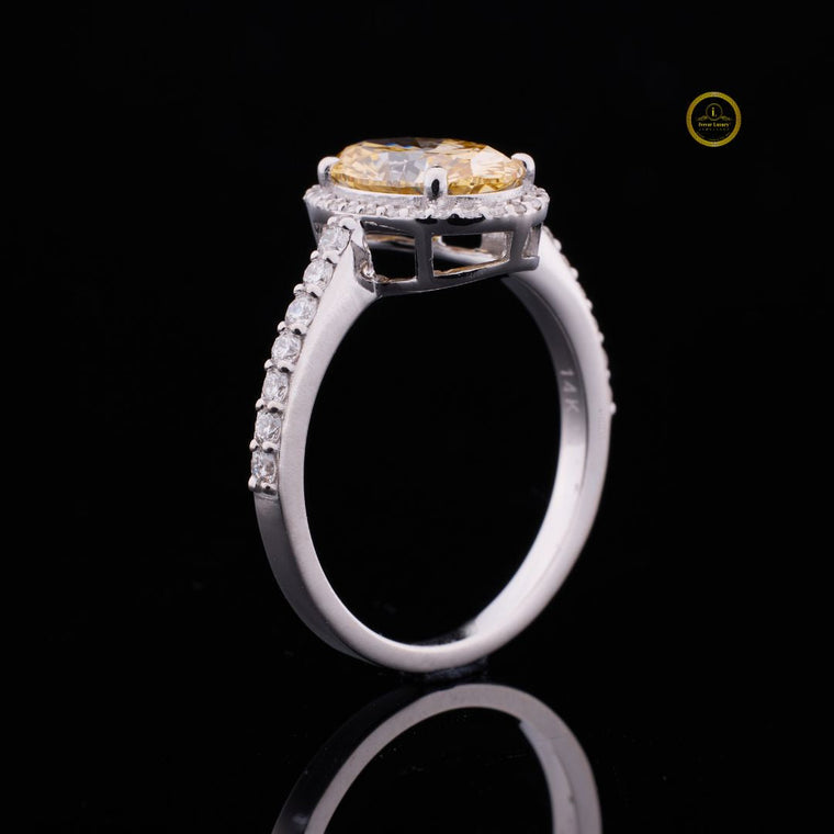 Fancy Vivid Yellow Oval Moissanite Halo Anniversary Ring With Pave Setting - view 2