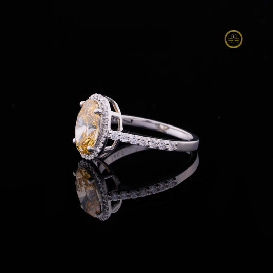 Fancy Vivid Yellow Oval Lab Diamond Halo Anniversary Ring With Pave Setting - view 3