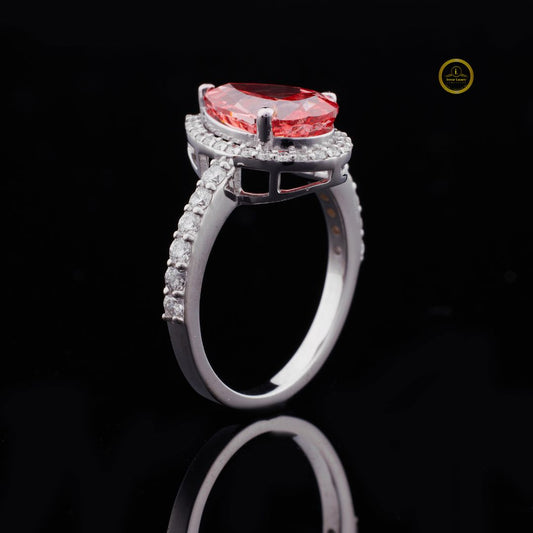Fancy Vivid Red Pear Moissanite Pave Halo Ring - view 2