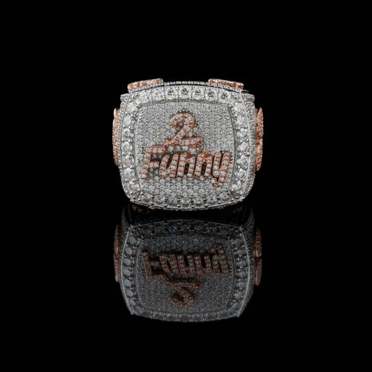 3.90 TCW Two Tone Iced Out Statement Championship Ring with Custom ‘2 Funny’ Moissanite Diamond Design
